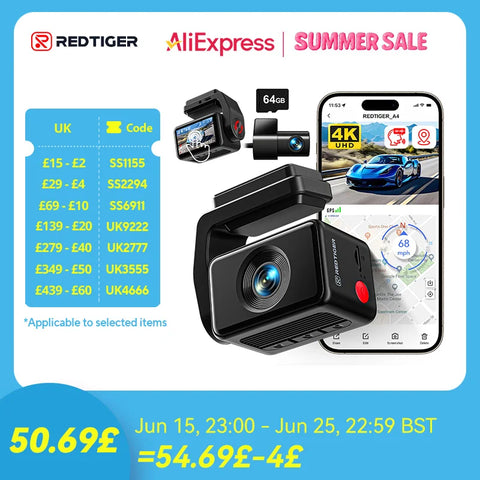 Dash Camera Front and Rear 4k Dash Cam  Drive Recorder for Wi Fi GPS Car Dvr for 24H Parking Mode Black Box for Car - Outdoor Pros Shop